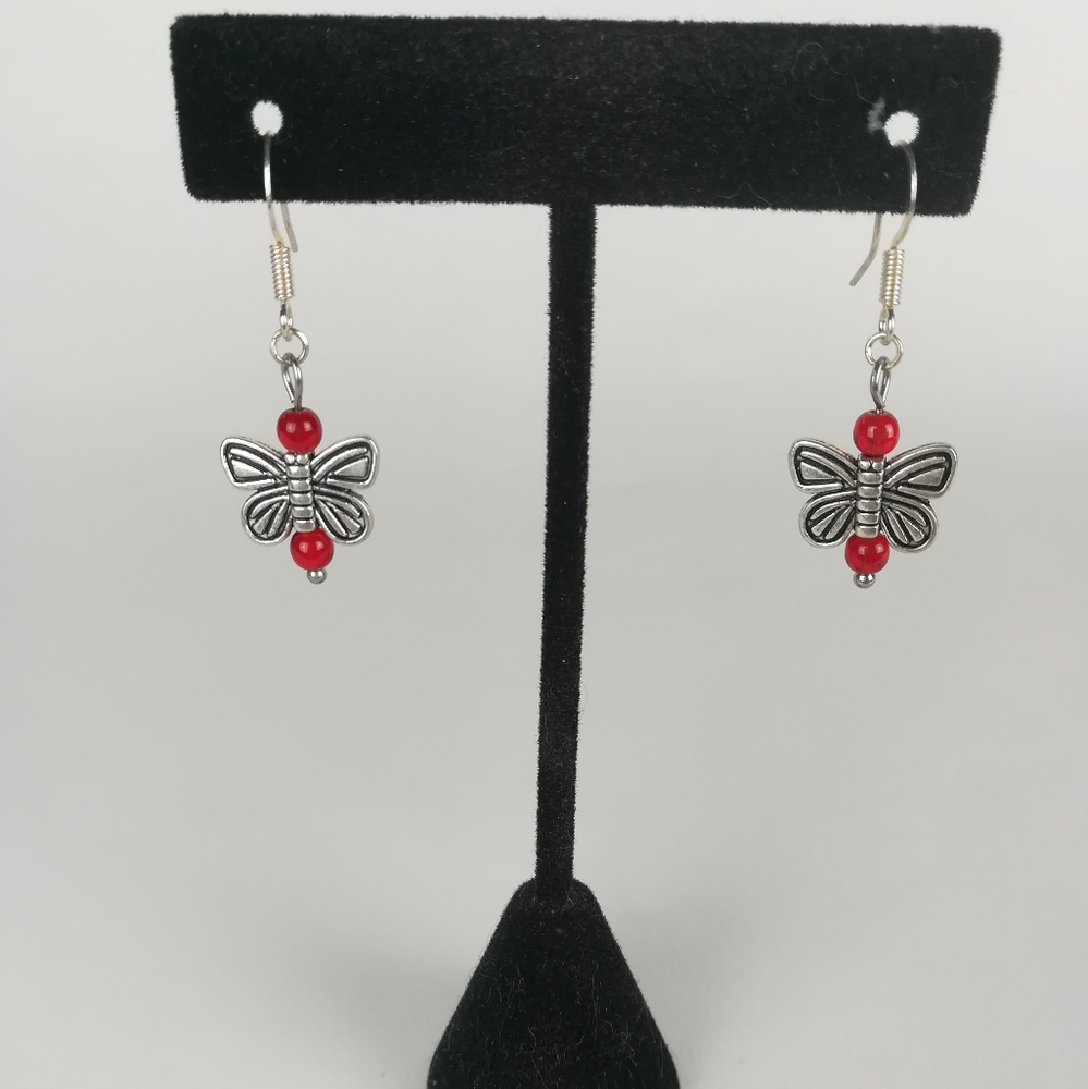Simple Butterfly dangle earrings red glass accents nature spring theme